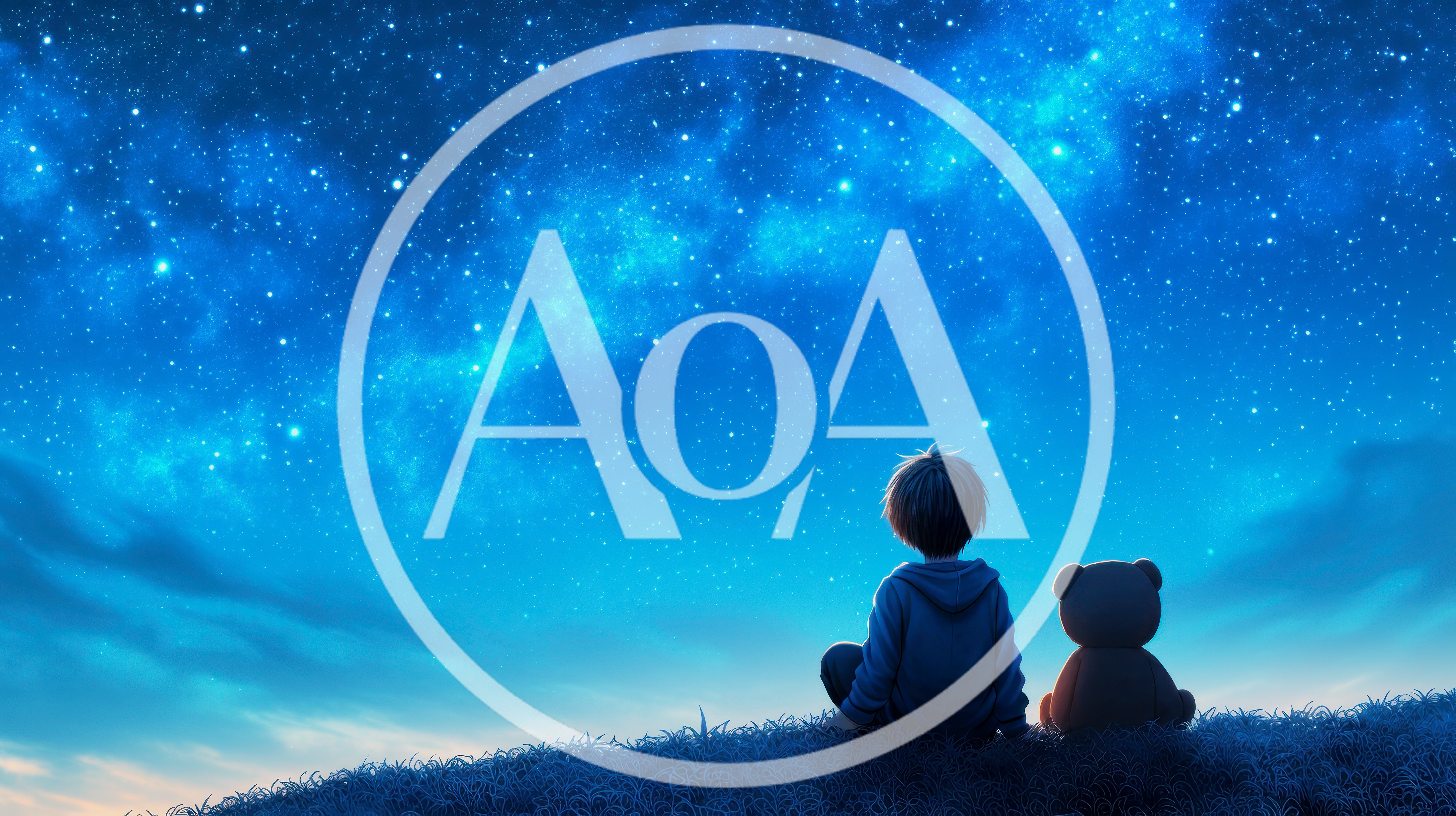 Young Boy Sitting With Teddy Bear Under Starry Sky