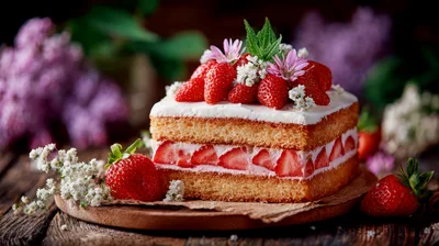 Square Strawberry Sponge Cake With Fresh Berries