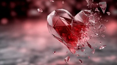 Shattering Red Crystal Heart Floating In Dark Space