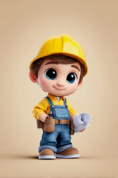 Cute Cartoon Construction Worker Holding Blueprints
