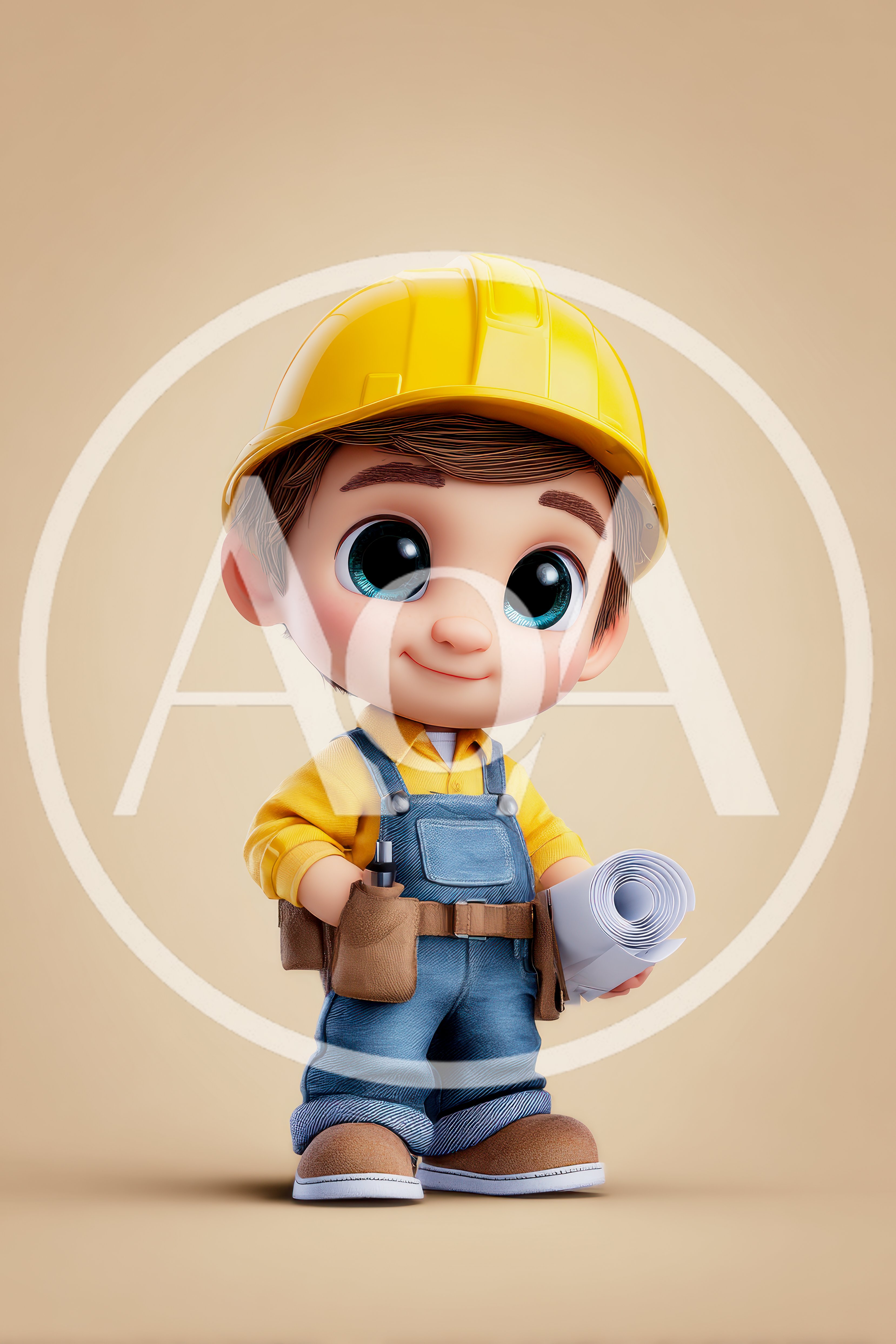 Cute Cartoon Construction Worker Holding Blueprints
