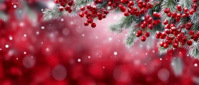 Festive Christmas Pine Branches With Red Berries