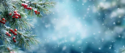 Snowy Pine Branches With Red Berries In Winter
