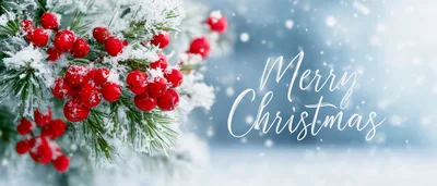 Snow Covered Holly Berries With Merry Christmas Text