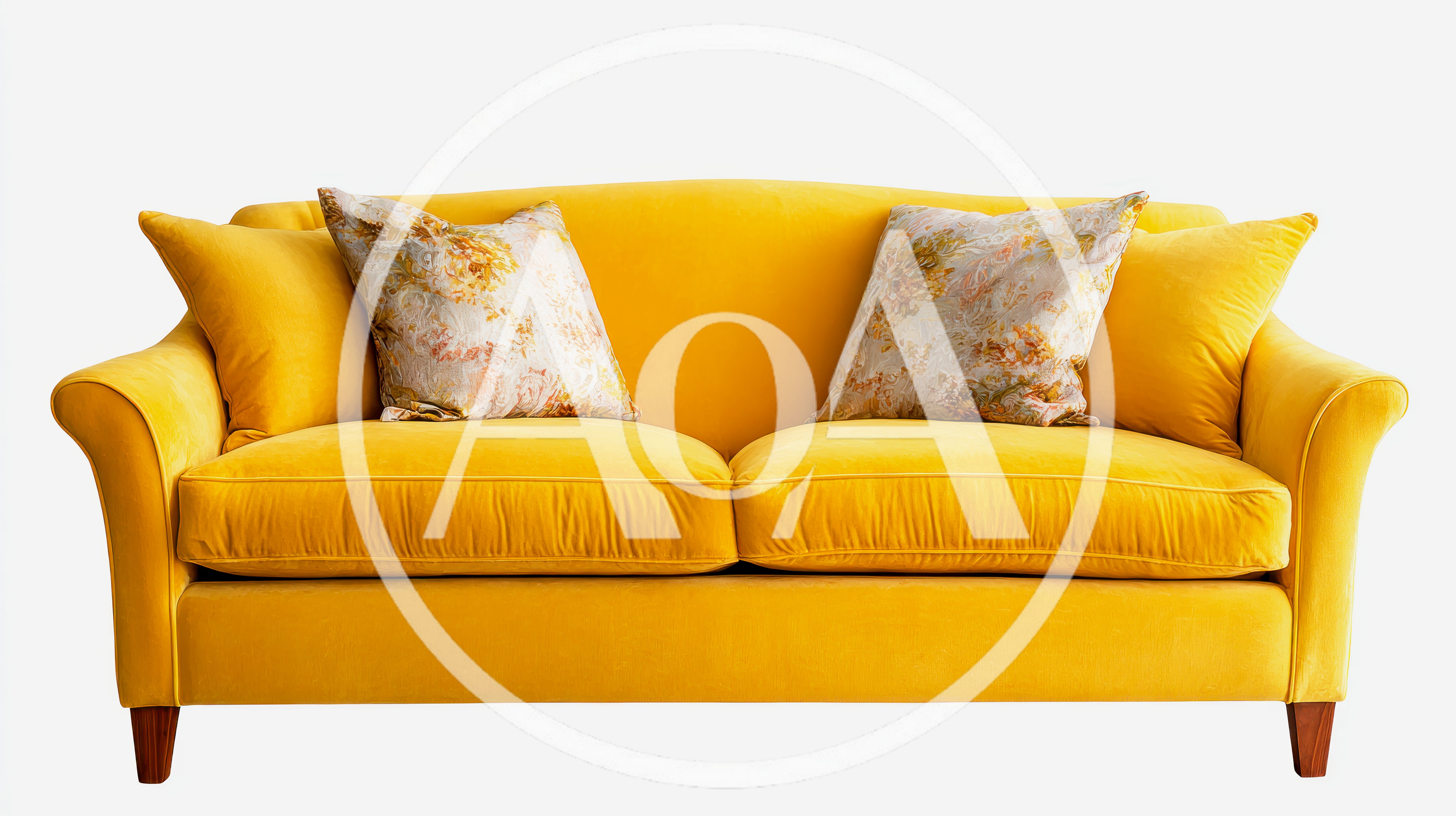 Yellow Velvet Sofa With Floral Throw Pillows