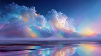 Surreal Dreamscape With Abstract Geometric Clouds And Reflections