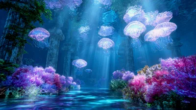 Bioluminescent Jellyfish Swimming Through Underwater Ancient Ruins