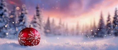 Red Christmas Ornament Resting In Snowy Forest