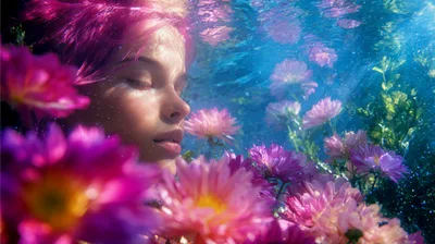 Woman With Pink Hair Underwater Surrounded By Flowers