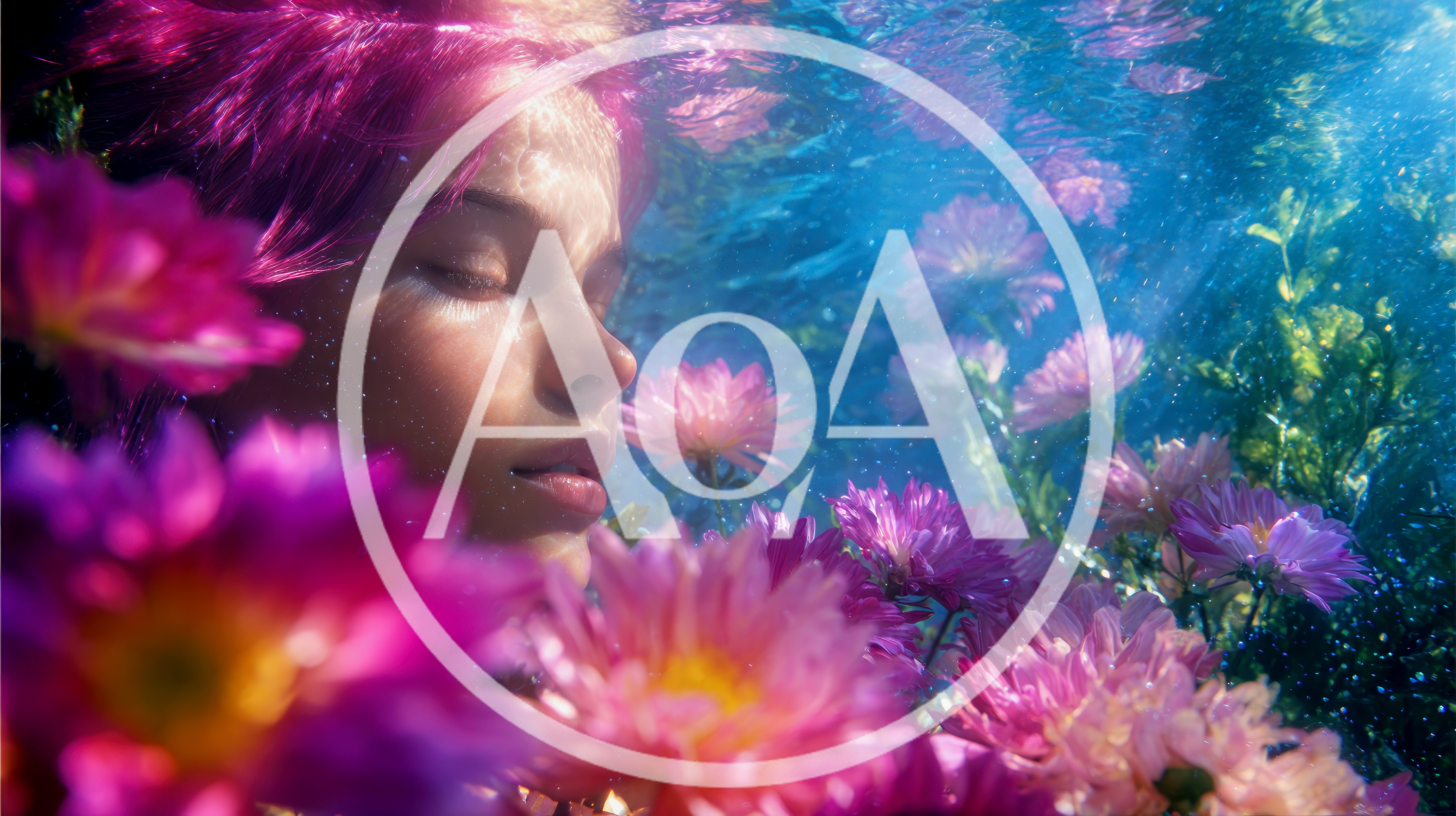 Woman With Pink Hair Underwater Surrounded By Flowers