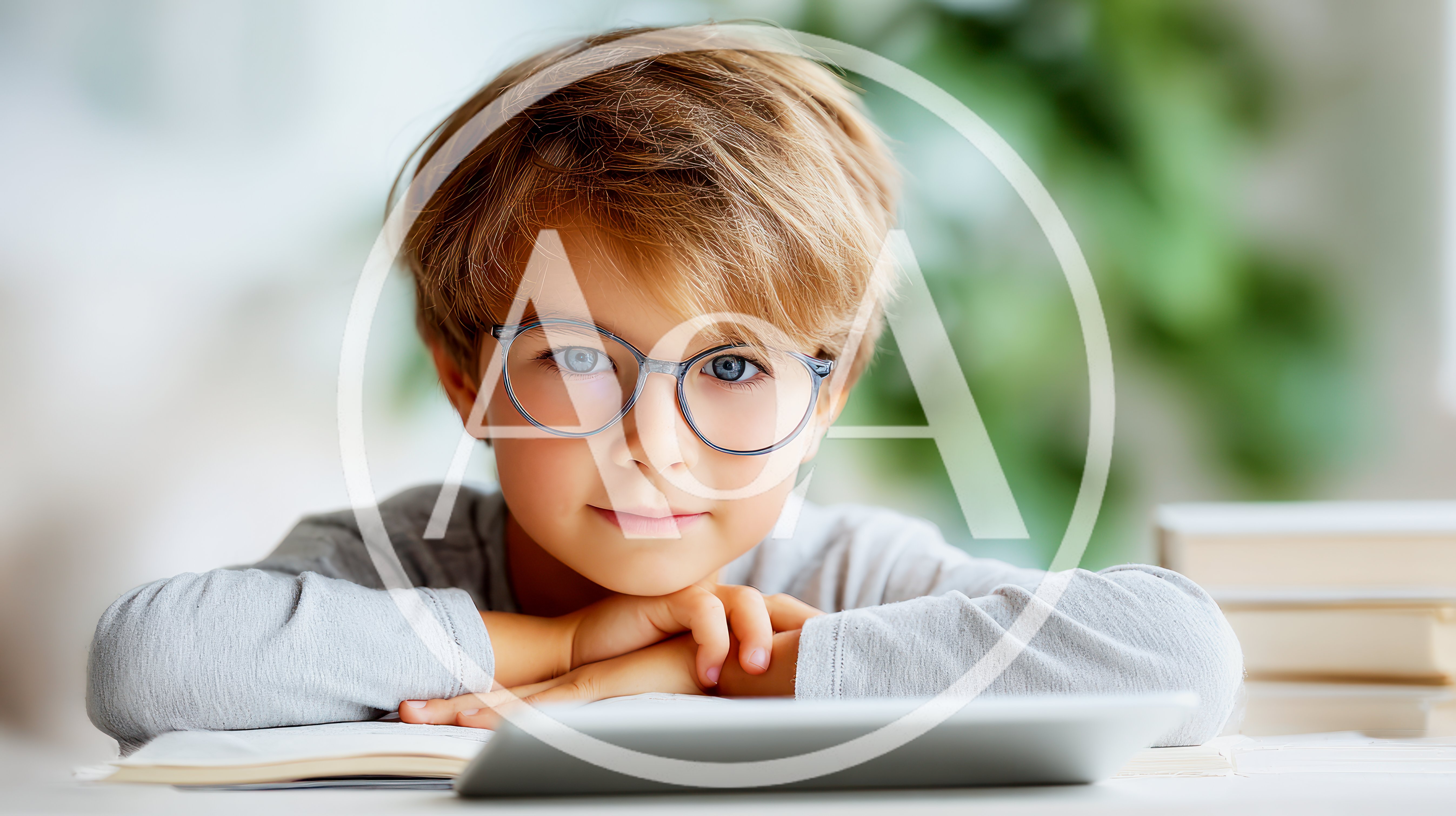 Young Boy Wearing Glasses Studying With Tablet