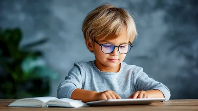 Young Boy Wearing Glasses Using A Digital Tablet