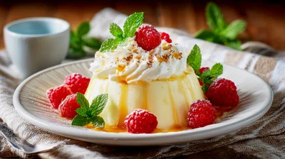 Panna Cotta Dessert With Raspberries And Mint