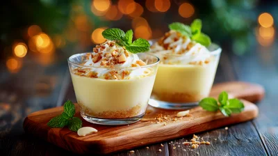 Two Glasses Of Creamy Dessert With Mint Garnish
