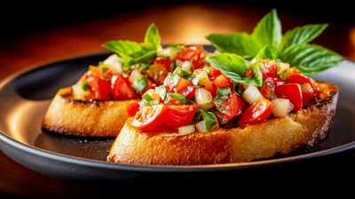 Fresh Tomato Bruschetta Appetizer on a Black Plate