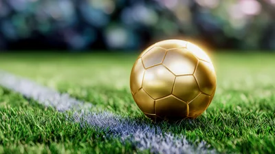 Golden Soccer Ball Resting On Green Grass Field