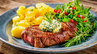 Grilled Beef Steak With Potatoes And Fresh Salad