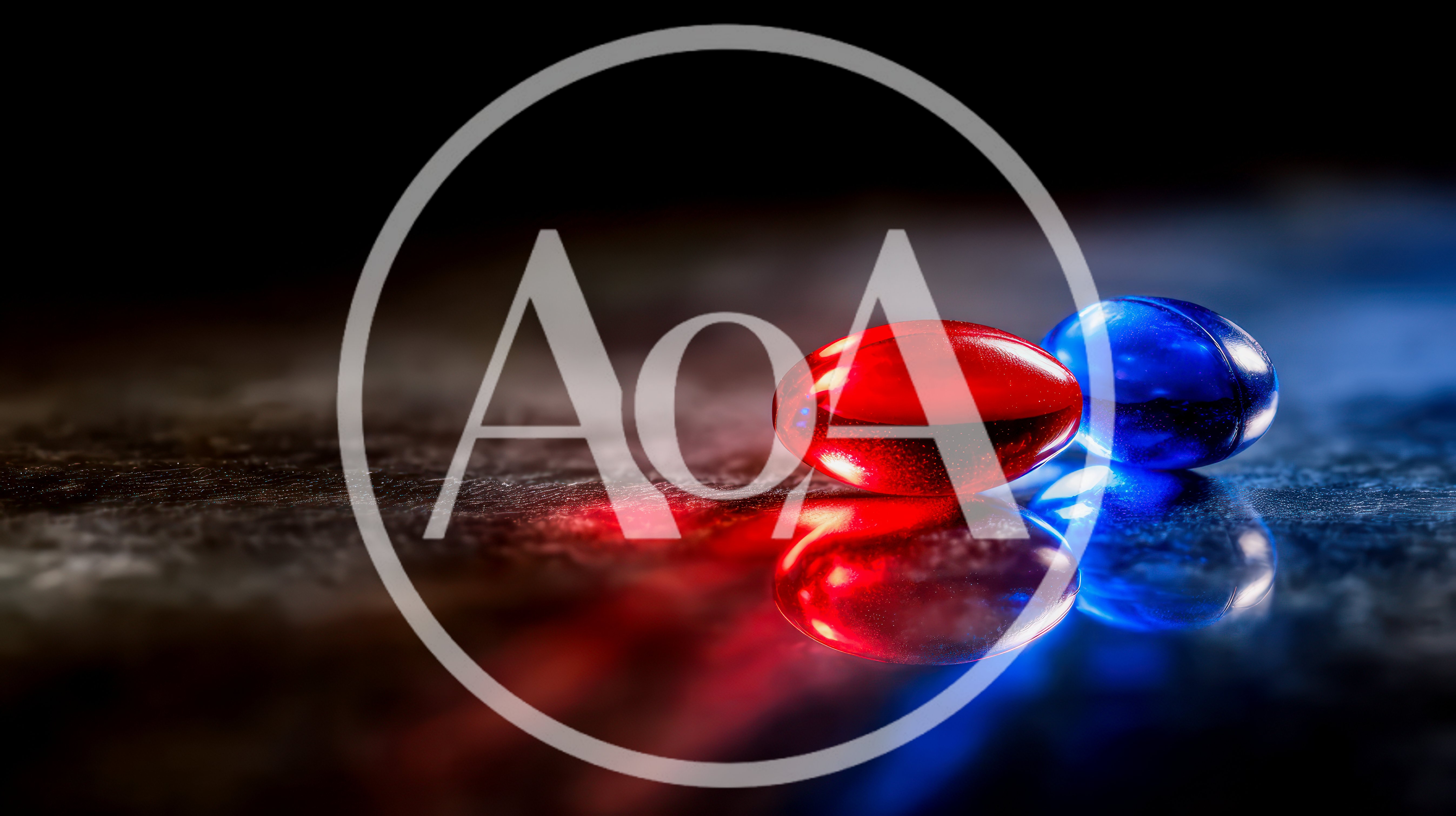 Red and Blue Gel Capsules on Reflective Surface