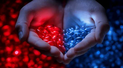 Hands Holding Red And Blue Gel Capsules