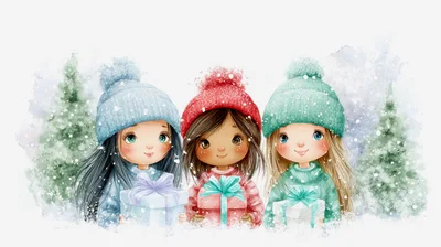 Three Cute Girls Holding Christmas Gifts In Winter