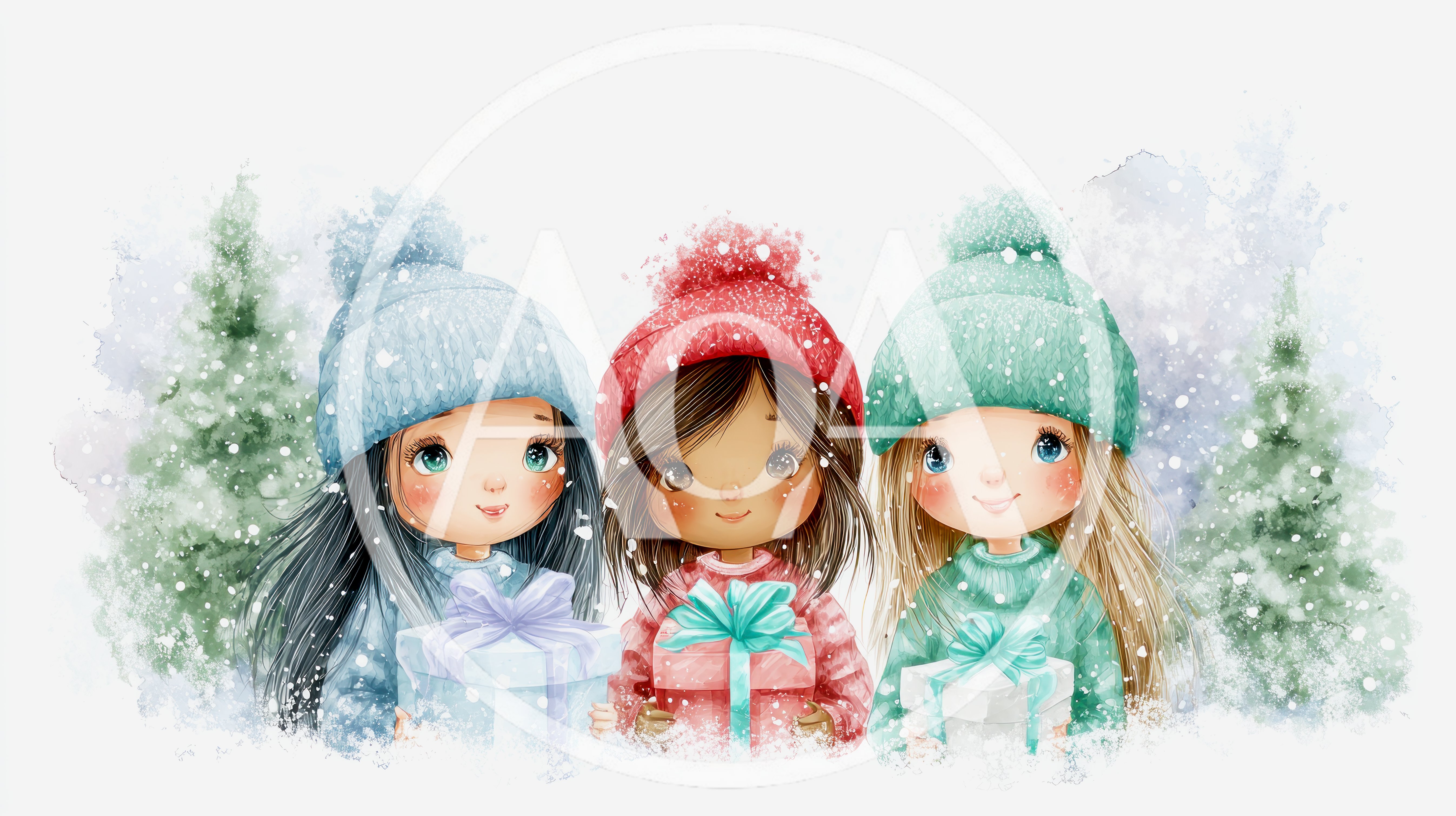 Three Cute Girls Holding Christmas Gifts In Winter