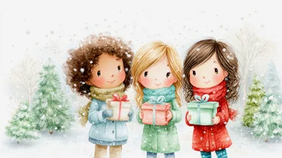 Three Young Girls Holding Christmas Gifts In Snowy Forest