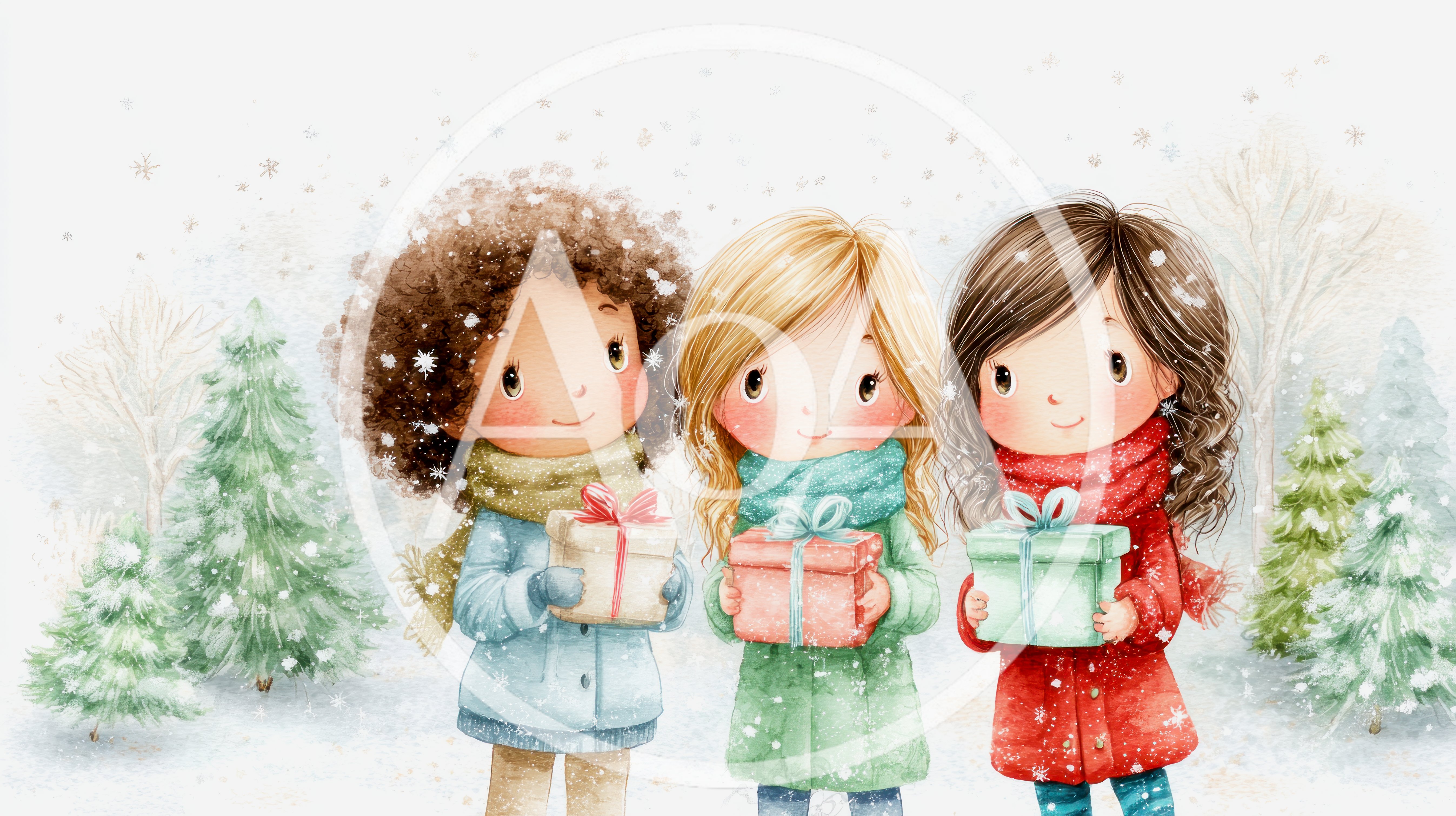Three Young Girls Holding Christmas Gifts In Snowy Forest