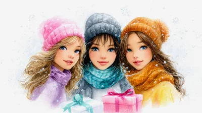 Three Young Women Wearing Winter Hats And Scarves