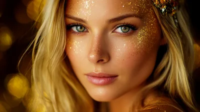 Portrait Of A Beautiful Woman With Golden Glitter Makeup