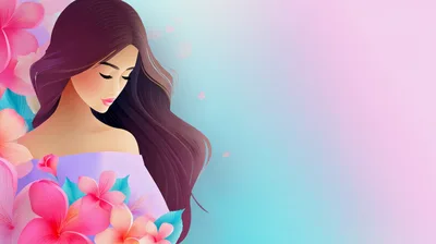 Beautiful Woman With Long Hair Surrounded By Tropical Flowers