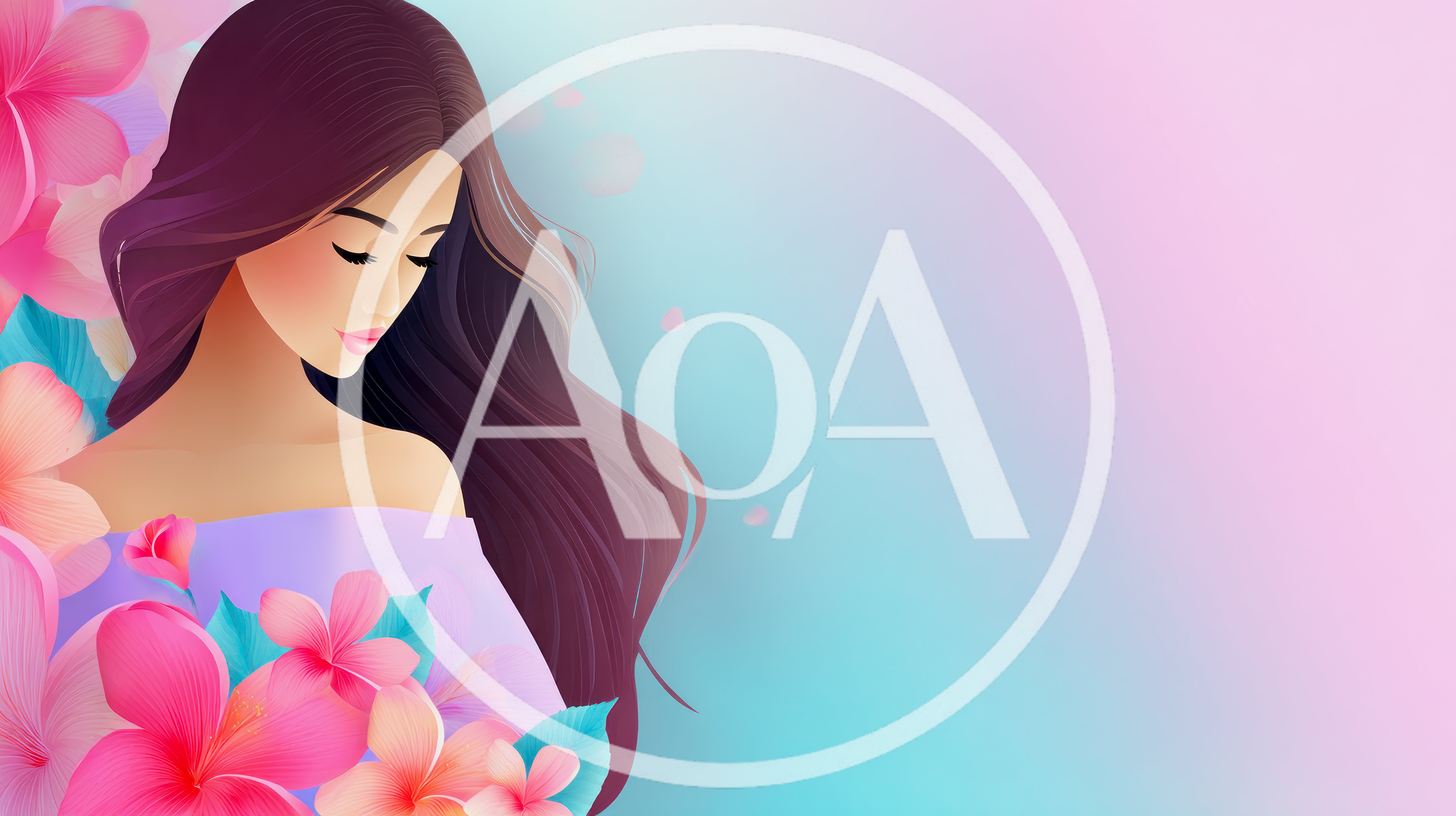 Beautiful Woman With Long Hair Surrounded By Tropical Flowers