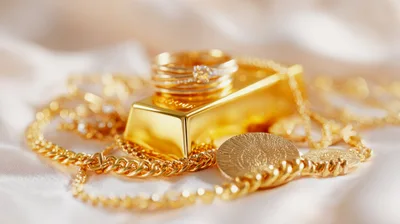 Gold Bar With Jewelry And Coins On Silk
