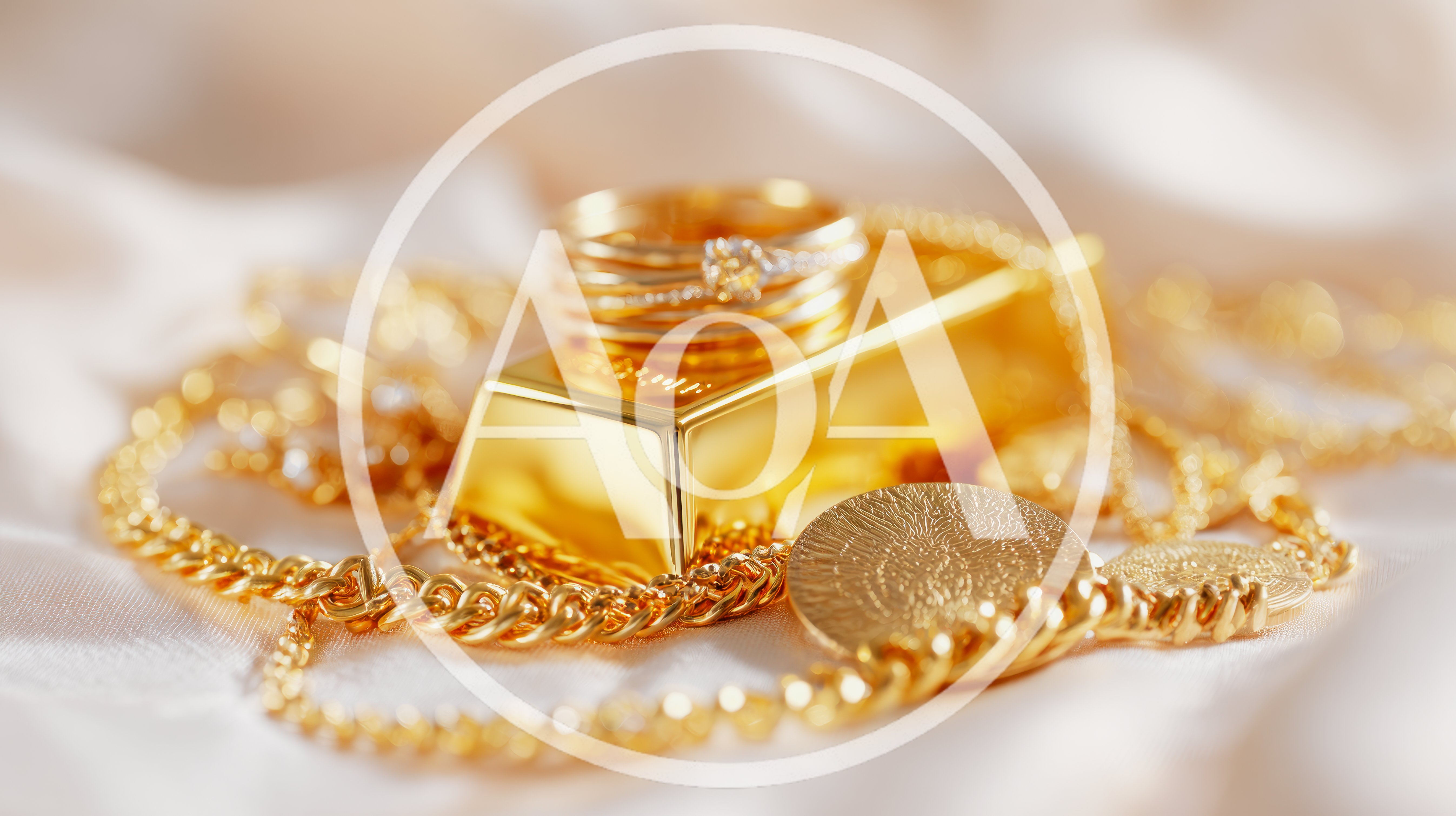 Gold Bar With Jewelry And Coins On Silk