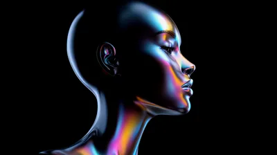 Abstract Metallic Human Head With Iridescent Lighting