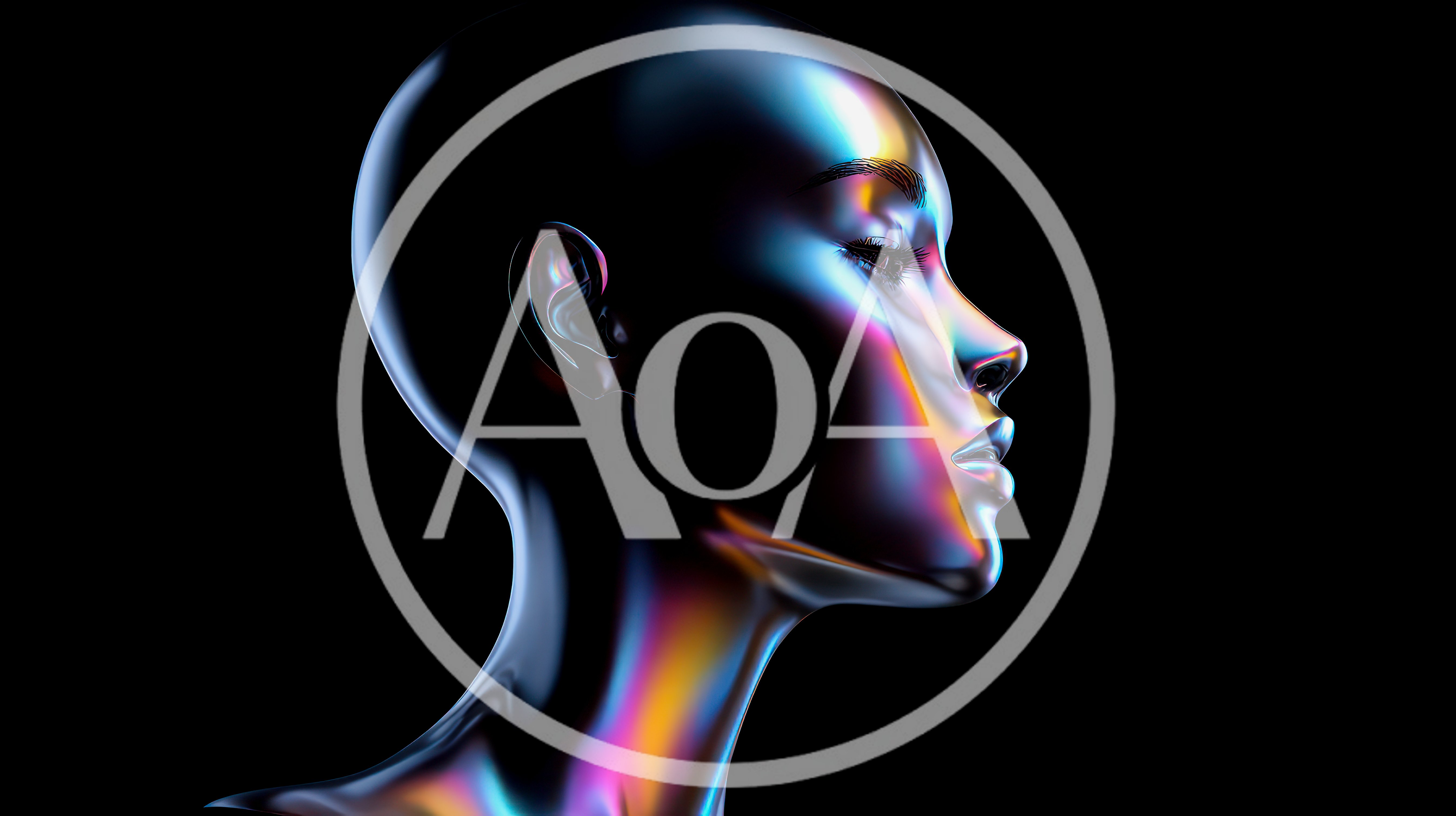 Abstract Metallic Human Head With Iridescent Lighting