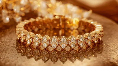Gold Diamond Bracelet Resting On Reflective Surface