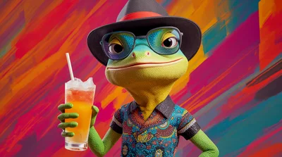 Animated Lizard Wearing Fedora And Sunglasses Holding Cocktail