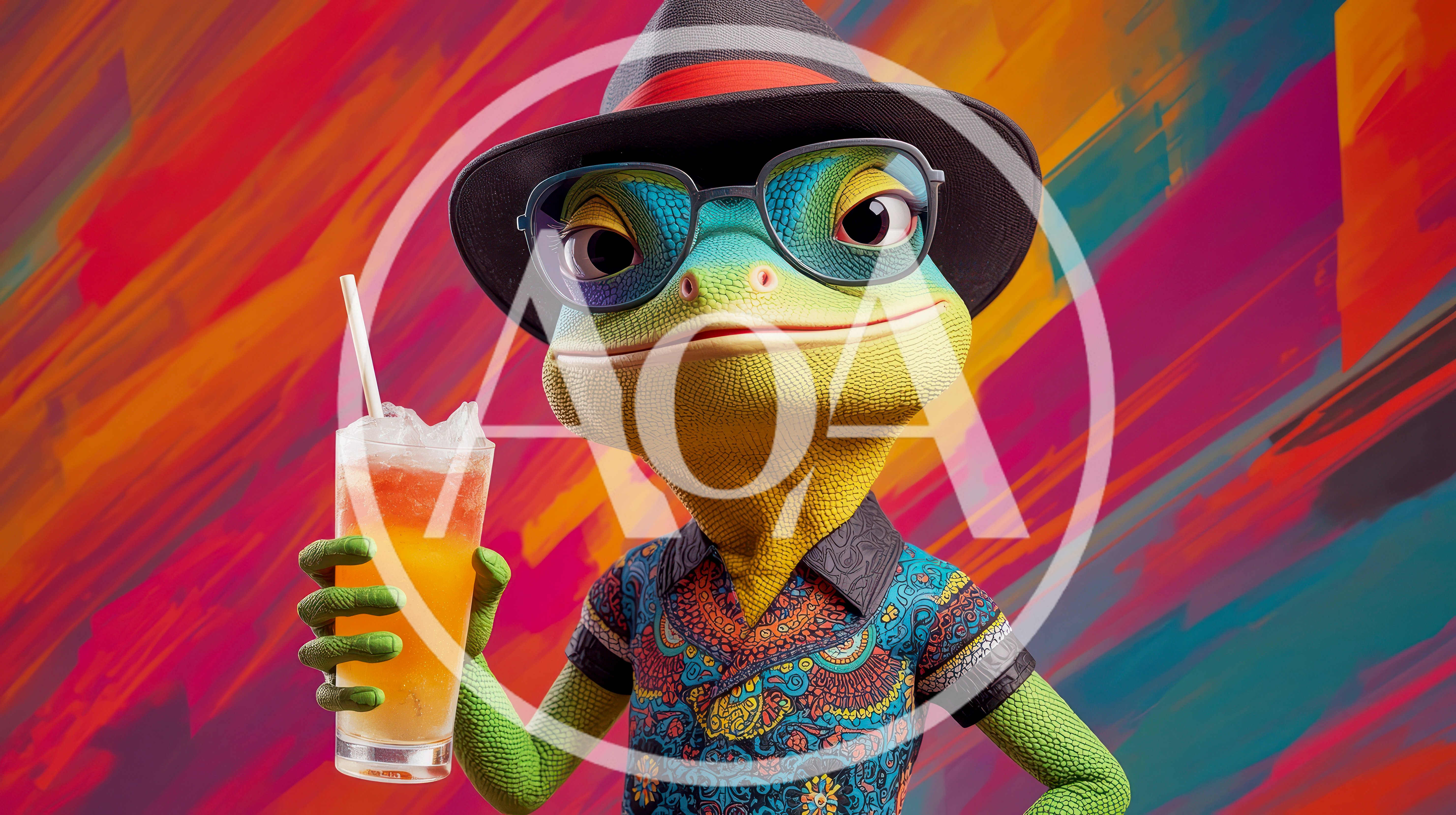 Animated Lizard Wearing Fedora And Sunglasses Holding Cocktail