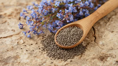 Chia Seeds in Wooden Spoon with Blue Flowers