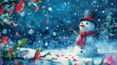 Cheerful Snowman Wearing Top Hat and Scarf in Snowfall