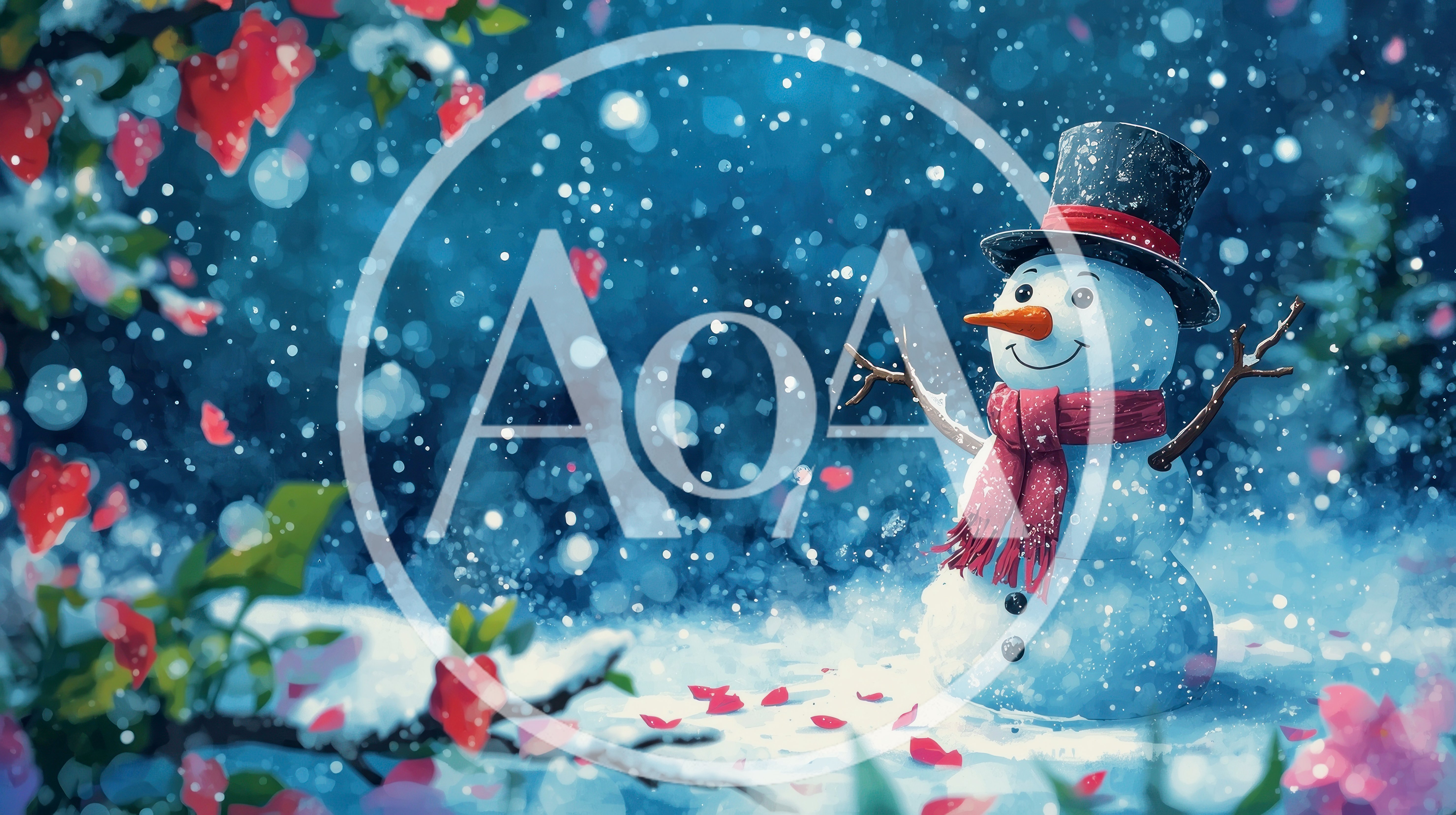 Cheerful Snowman Wearing Top Hat and Scarf in Snowfall