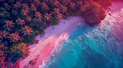 Aerial View Of Tropical Beach With Palm Trees