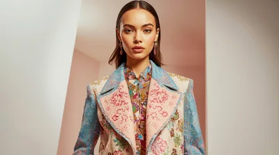 Fashion Model Wearing Intricate Floral Patterned Blazer