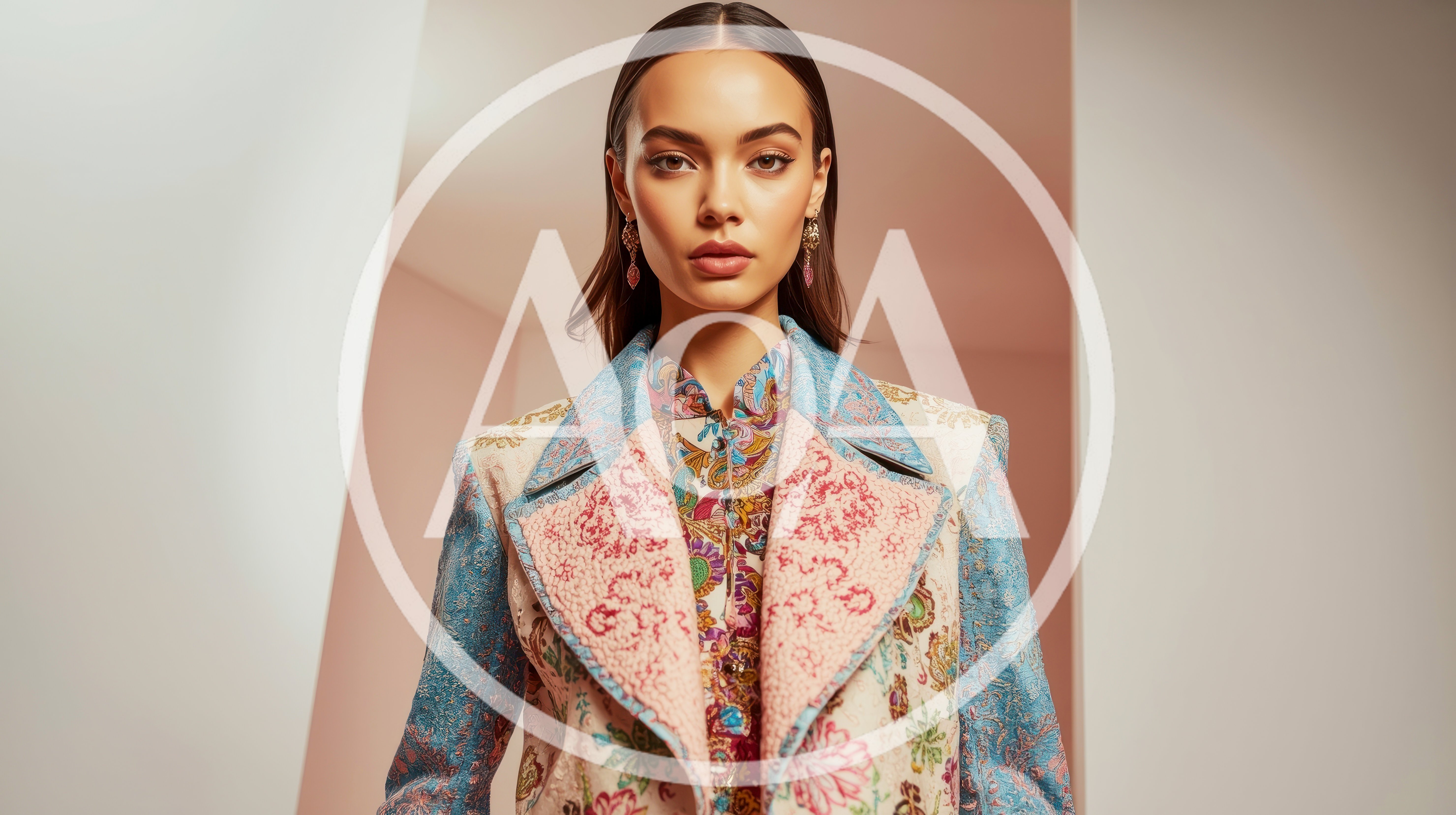 Fashion Model Wearing Intricate Floral Patterned Blazer