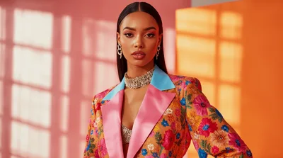 Fashion Model Wearing Floral Blazer And Crystal Jewelry