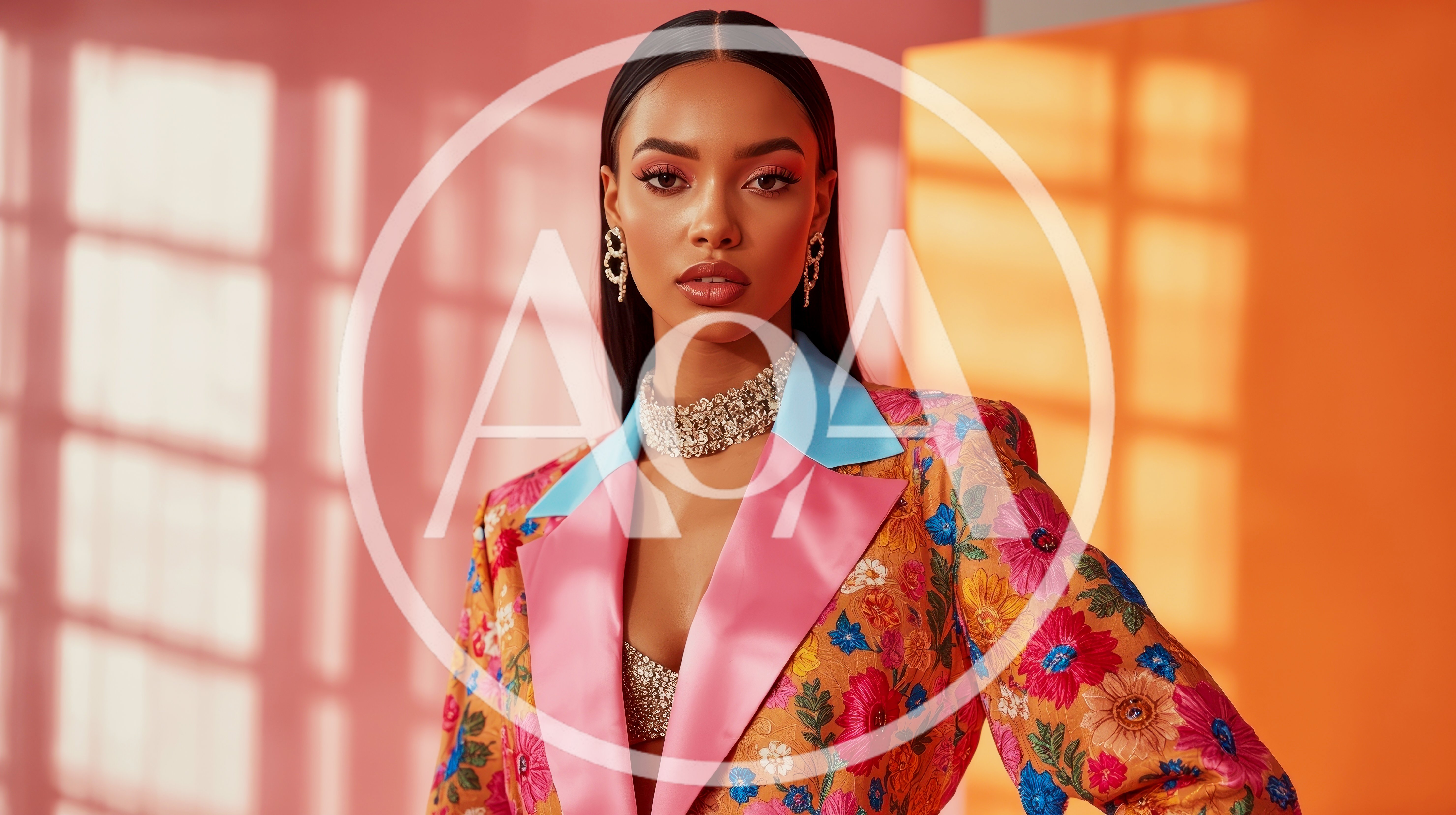 Fashion Model Wearing Floral Blazer And Crystal Jewelry