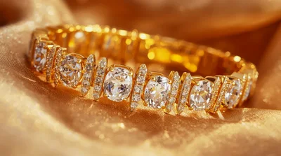 Gold Diamond Bracelet Resting On Shimmering Fabric