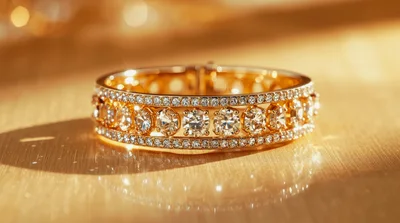 Gold Diamond Eternity Ring On Reflective Surface