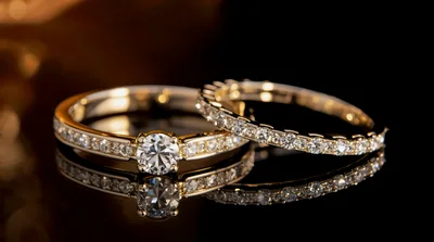 Two Elegant Gold Diamond Rings on Reflective Surface
