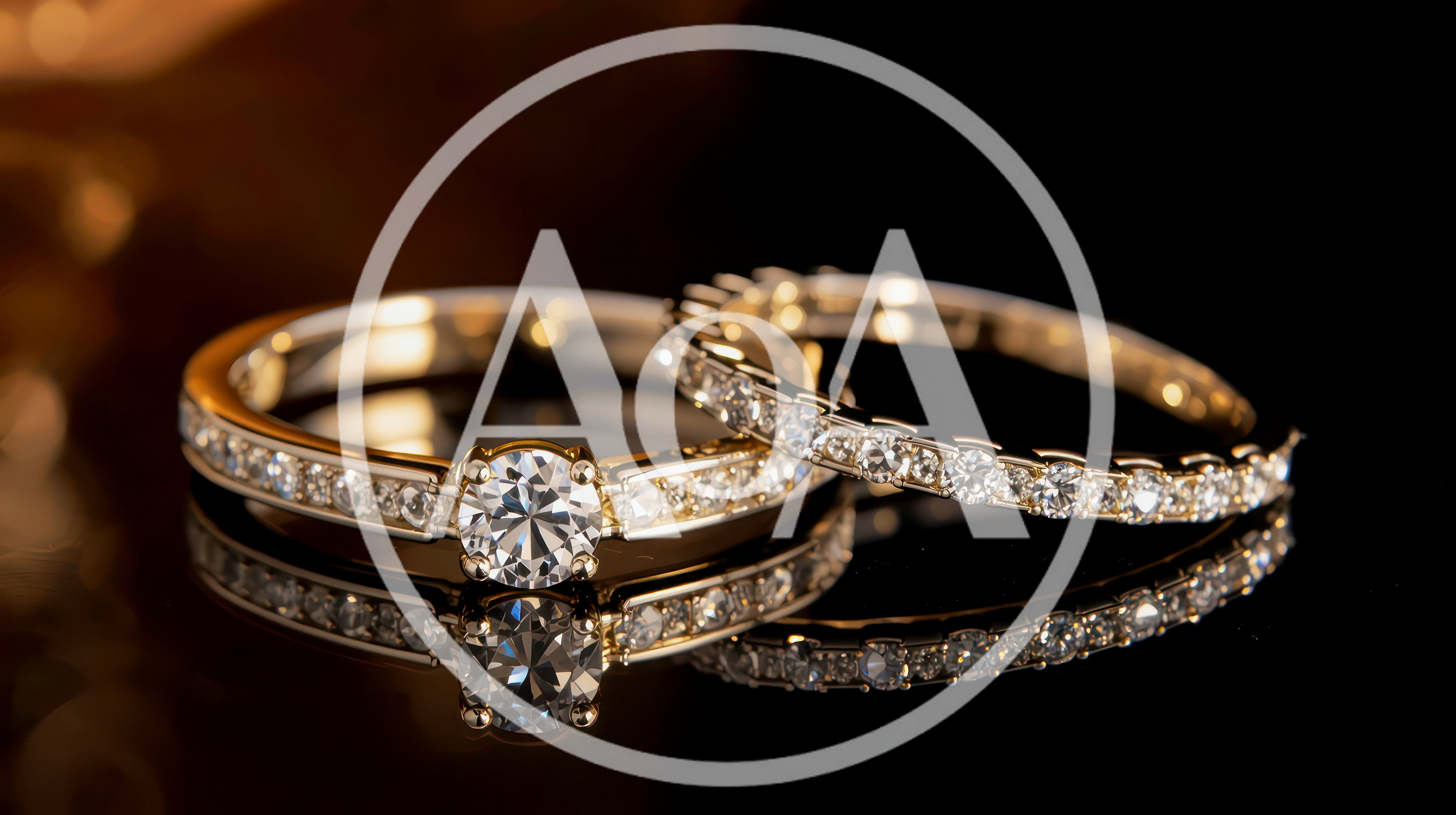Two Elegant Gold Diamond Rings on Reflective Surface